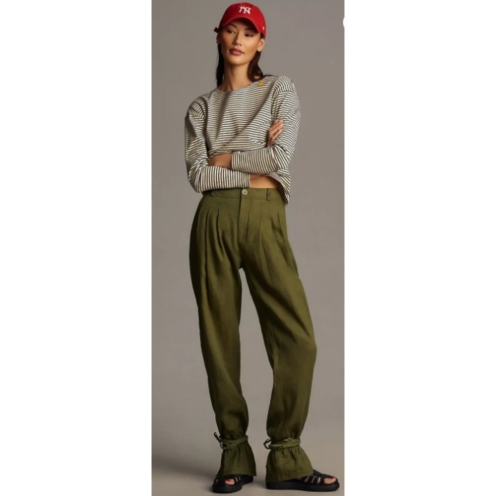 By Anthropologie Ankle-Tie Linen Pants Size 4P Petite Olive Green Pleated Boho